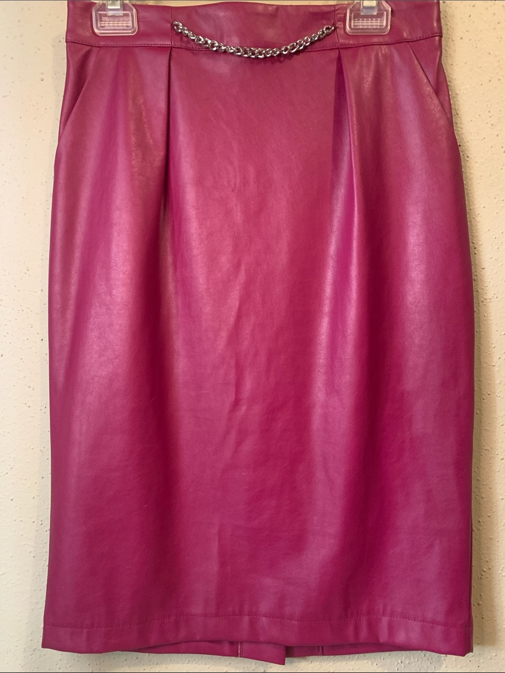 New York & Company Magenta Faux Leather Pencil Skirt with Chain Detail